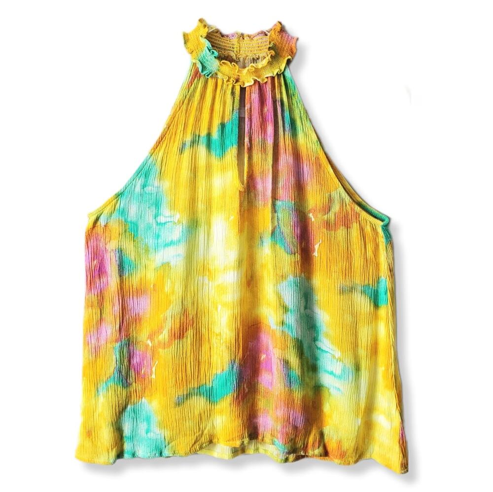 Women Vestique Tie Dye Ruffle Neck Halter Top S Boho Gauzy Festival Colorful NEW